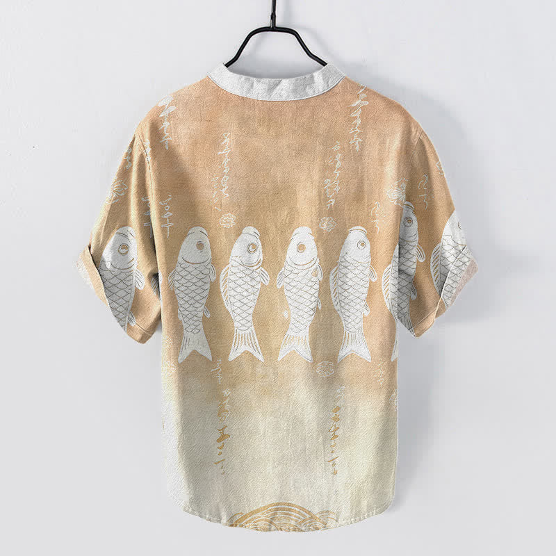 Buddha Stones Chemise à manches courtes et demi-boutonnée pour homme avec emblème de carpe koï en coton - image 6