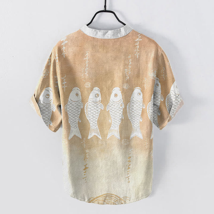 Buddha Stones Chemise à manches courtes et demi-boutonnée pour homme avec emblème de carpe koï en coton - image 6