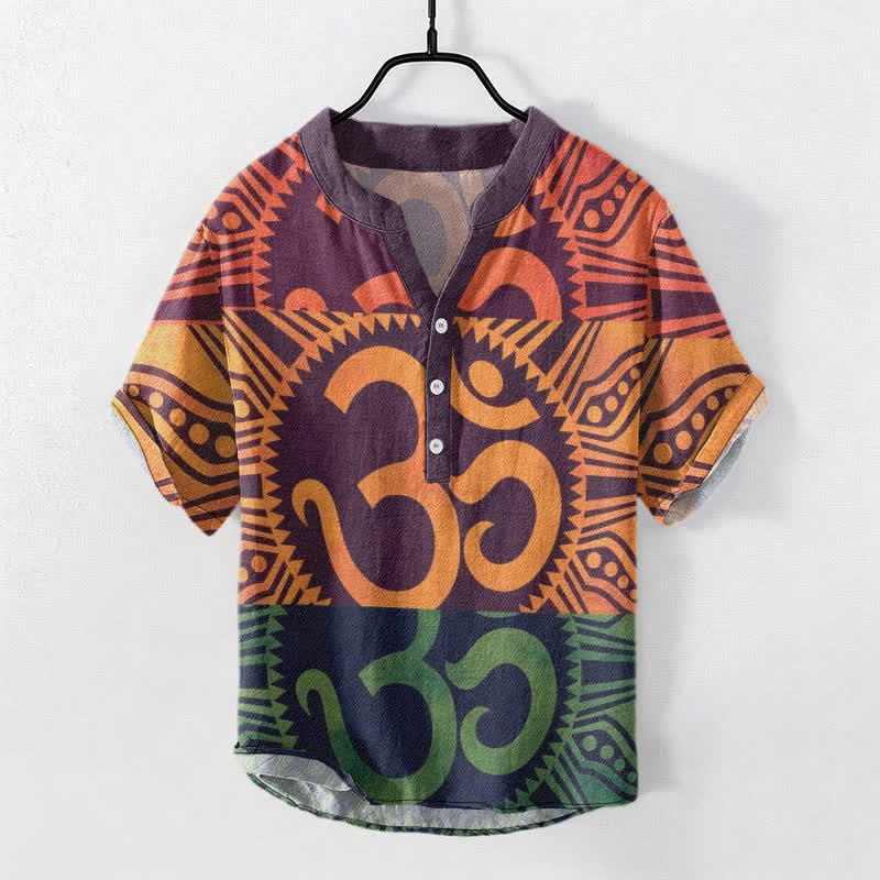 Buddha Stones Chemise à manches courtes et demi-boutonnée pour homme en coton avec emblème Om - Violette sombre - US/UK/AU50，EU60 (5XL) - image 0