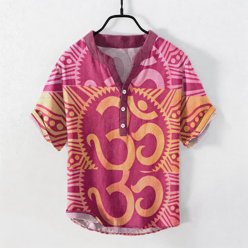 Buddha Stones Chemise à manches courtes et demi-boutonnée pour homme en coton avec emblème Om - Rose vif - US/UK/AU50，EU60 (5XL) - image 6