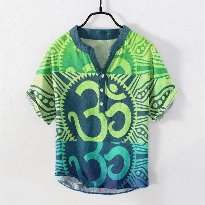 Buddha Stones Chemise à manches courtes et demi-boutonnée pour homme en coton avec emblème Om - Chartreuse - US/UK/AU50，EU60 (5XL) - image 4