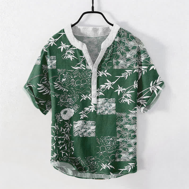 Buddha Stones Chemise homme à manches courtes et demi-boutonnée en coton, bambou et emblème de prune - Vert foncé - US/UK/AU50，EU60 (5XL) - image 0
