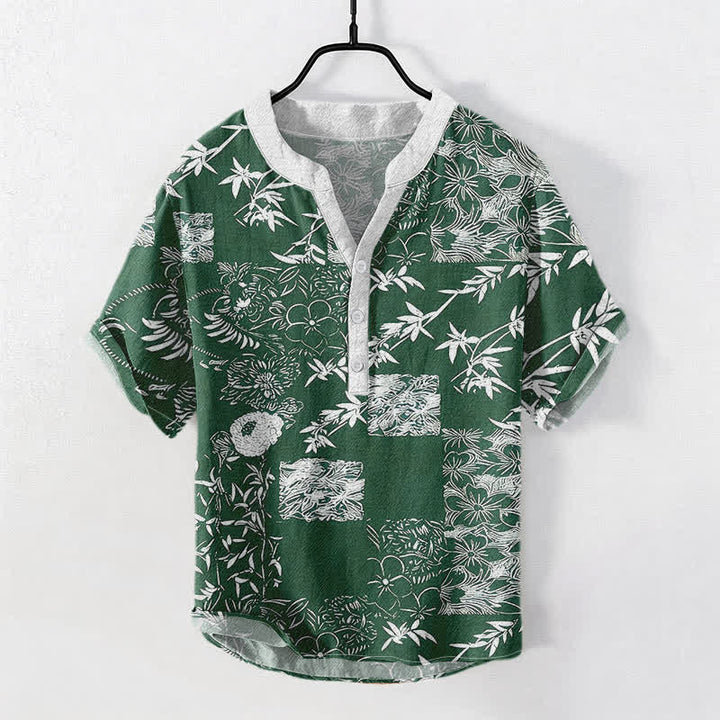 Buddha Stones Chemise homme à manches courtes et demi-boutonnée en coton, bambou et emblème de prune - Vert foncé - US/UK/AU50，EU60 (5XL) - image 0