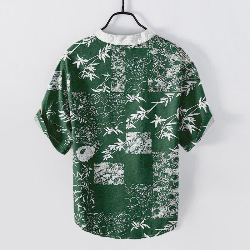Buddha Stones Chemise homme à manches courtes et demi-boutonnée en coton, bambou et emblème de prune - image 1