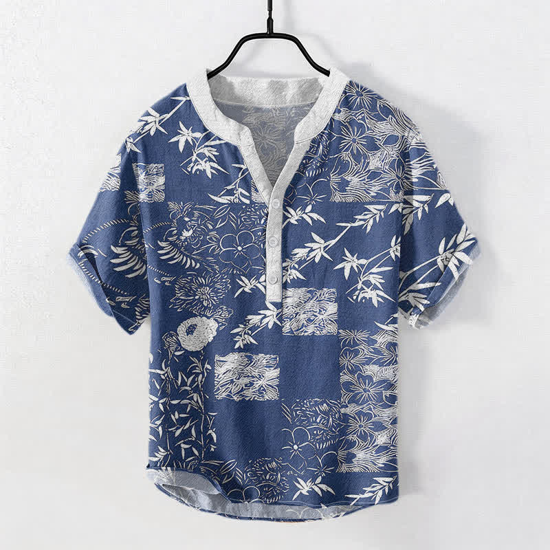 Buddha Stones Chemise homme à manches courtes et demi-boutonnée en coton, bambou et emblème de prune - SteelBlue - US/UK/AU50，EU60 (5XL) - image 3