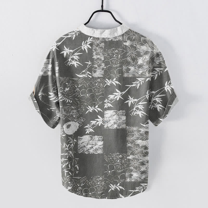 Buddha Stones Chemise homme à manches courtes et demi-boutonnée en coton, bambou et emblème de prune - image 6