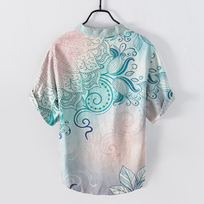 Buddha Stones Chemise à manches courtes et demi-boutonnée pour homme, en coton, avec emblème floral mandala - image 1