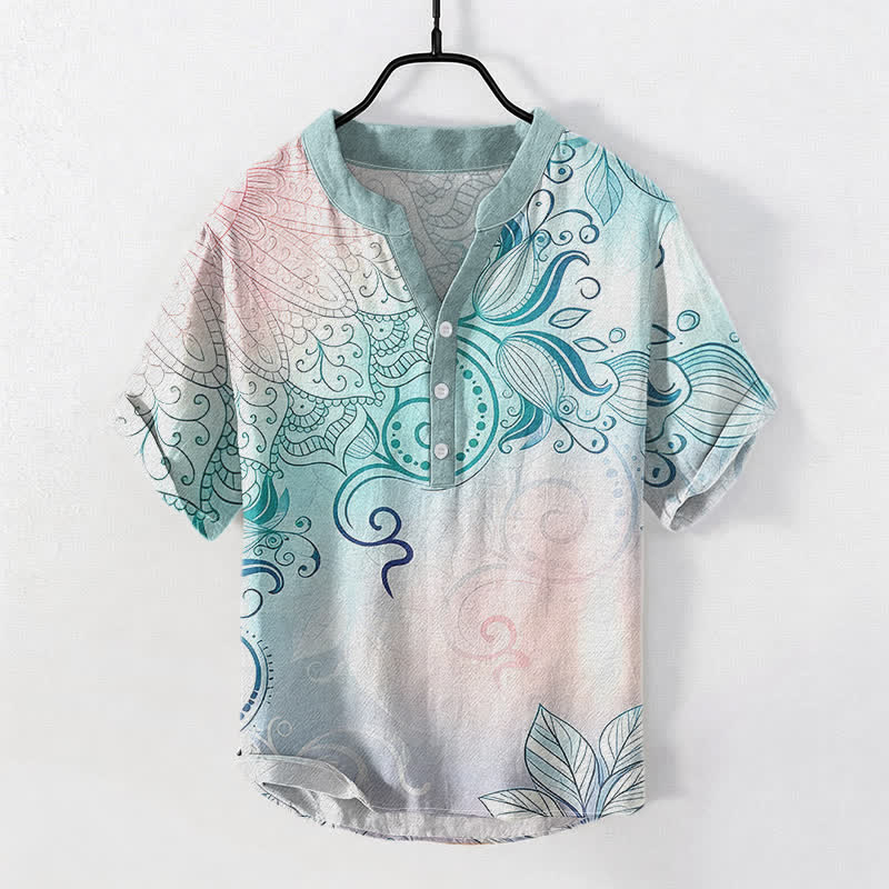 Buddha Stones Chemise à manches courtes et demi-boutonnée pour homme, en coton, avec emblème floral mandala - Turquoise moyen - US/UK/AU50，EU60 (5XL) - image 0