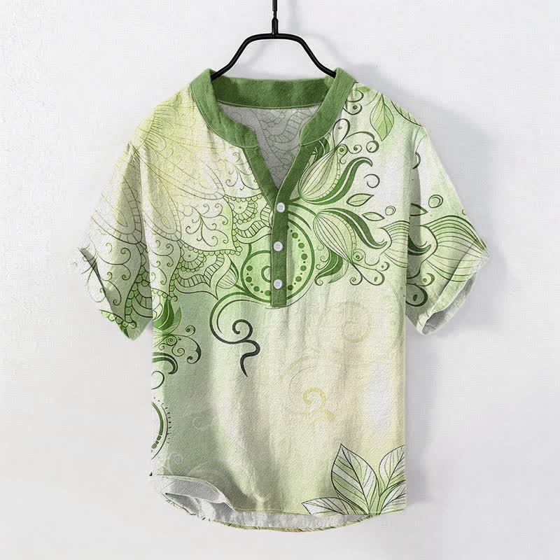 Buddha Stones Chemise à manches courtes et demi-boutonnée pour homme, en coton, avec emblème floral mandala - JauneVert - US/UK/AU50，EU60 (5XL) - image 3