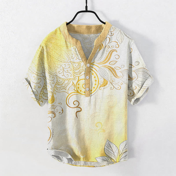 Buddha Stones Chemise à manches courtes et demi-boutonnée pour homme, en coton, avec emblème floral mandala - Kaki - US/UK/AU50，EU60 (5XL) - image 5
