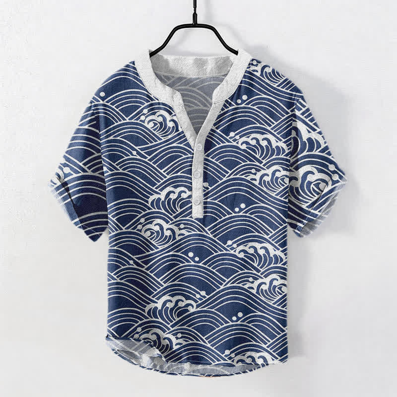 Buddha Stones Chemise à manches courtes et demi-boutonnée pour homme avec emblème Cotton Wave - SteelBlue - US/UK/AU50，EU60 (5XL) - image 0