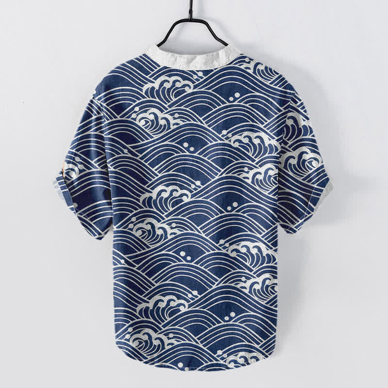 Buddha Stones Chemise à manches courtes et demi-boutonnée pour homme avec emblème Cotton Wave - image 1