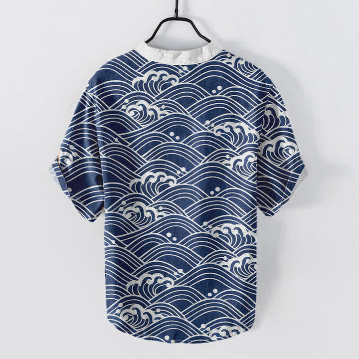 Buddha Stones Chemise à manches courtes et demi-boutonnée pour homme avec emblème Cotton Wave - image 1