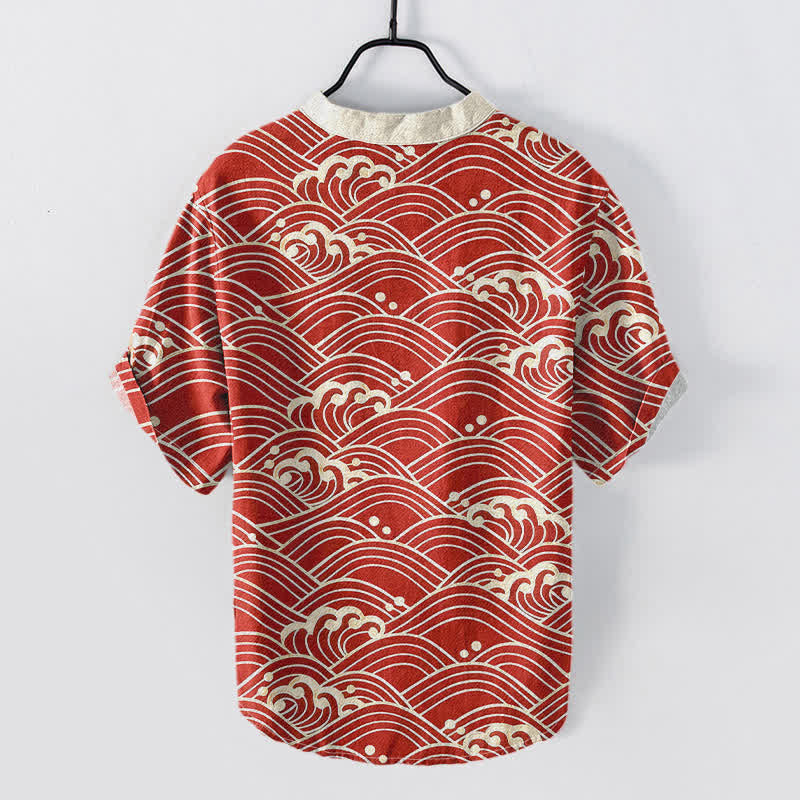 Buddha Stones Chemise à manches courtes et demi-boutonnée pour homme avec emblème Cotton Wave - image 4