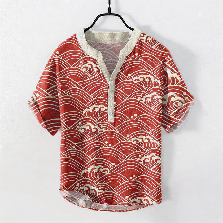 Buddha Stones Chemise à manches courtes et demi-boutonnée pour homme avec emblème Cotton Wave - FireBrick - US/UK/AU50，EU60 (5XL) - image 3