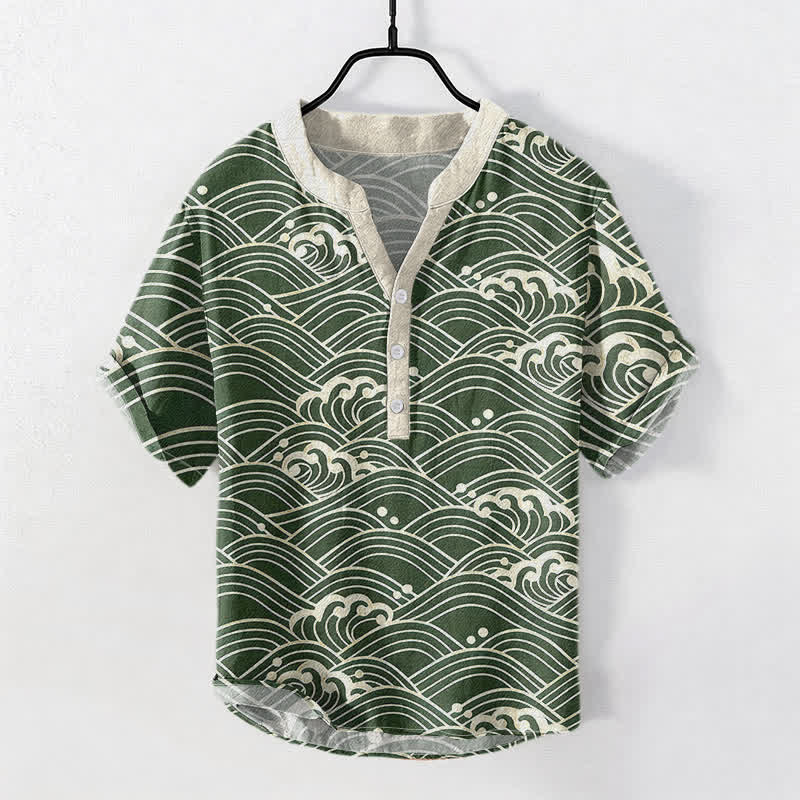Buddha Stones Chemise à manches courtes et demi-boutonnée pour homme avec emblème Cotton Wave - Vert d'eau - US/UK/AU50，EU60 (5XL) - image 5
