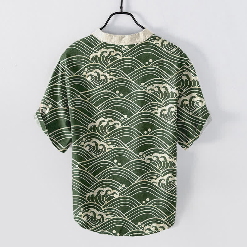Buddha Stones Chemise à manches courtes et demi-boutonnée pour homme avec emblème Cotton Wave - image 6