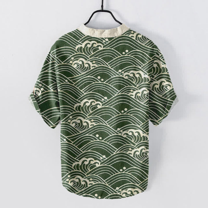 Buddha Stones Chemise à manches courtes et demi-boutonnée pour homme avec emblème Cotton Wave - image 6