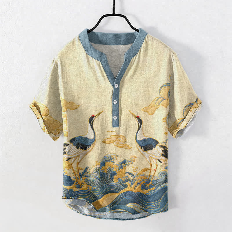 Buddha Stones Chemise à manches courtes pour homme avec emblème de grue et de vague en coton et demi-boutonnage - Jaune doré clair - US/UK/AU50，EU60 (5XL) - image 0