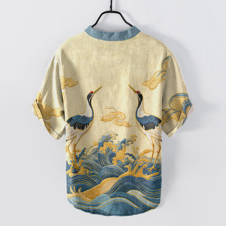 Buddha Stones Chemise à manches courtes pour homme avec emblème de grue et de vague en coton et demi-boutonnage - image 1