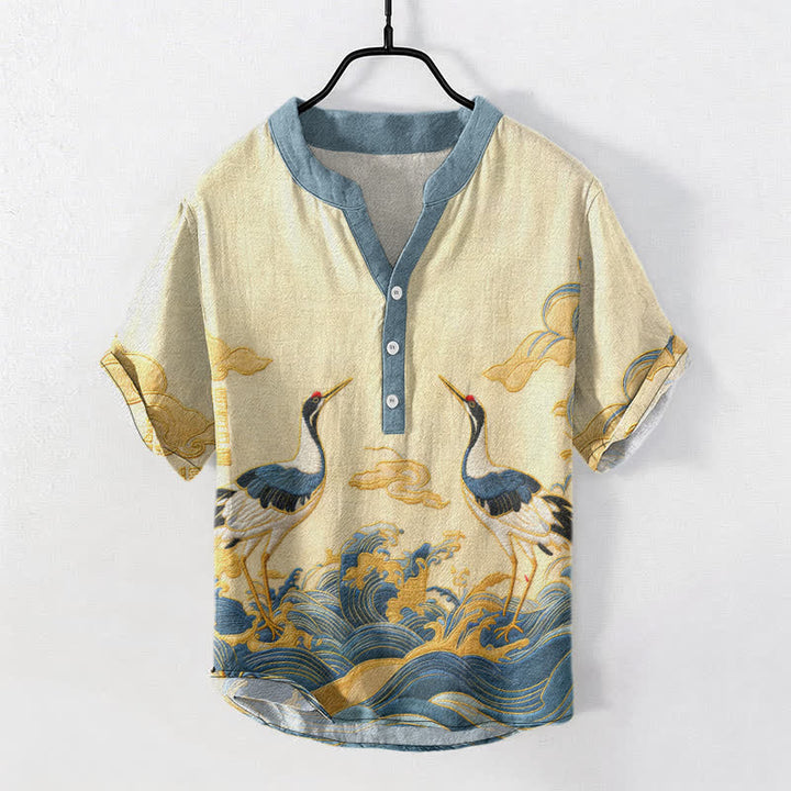 Buddha Stones Chemise à manches courtes pour homme avec emblème de grue et de vague en coton et demi-boutonnage - Jaune doré clair - US/UK/AU50，EU60 (5XL) - image 0