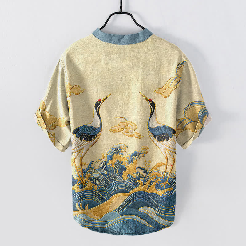 Buddha Stones Chemise à manches courtes pour homme avec emblème de grue et de vague en coton et demi-boutonnage - image 1