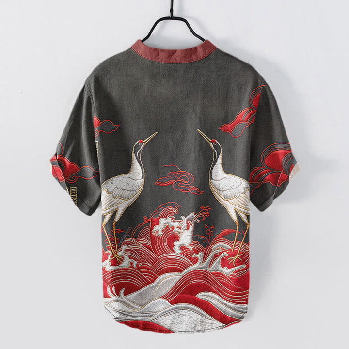 Buddha Stones Chemise à manches courtes pour homme avec emblème de grue et de vague en coton et demi-boutonnage - image 5