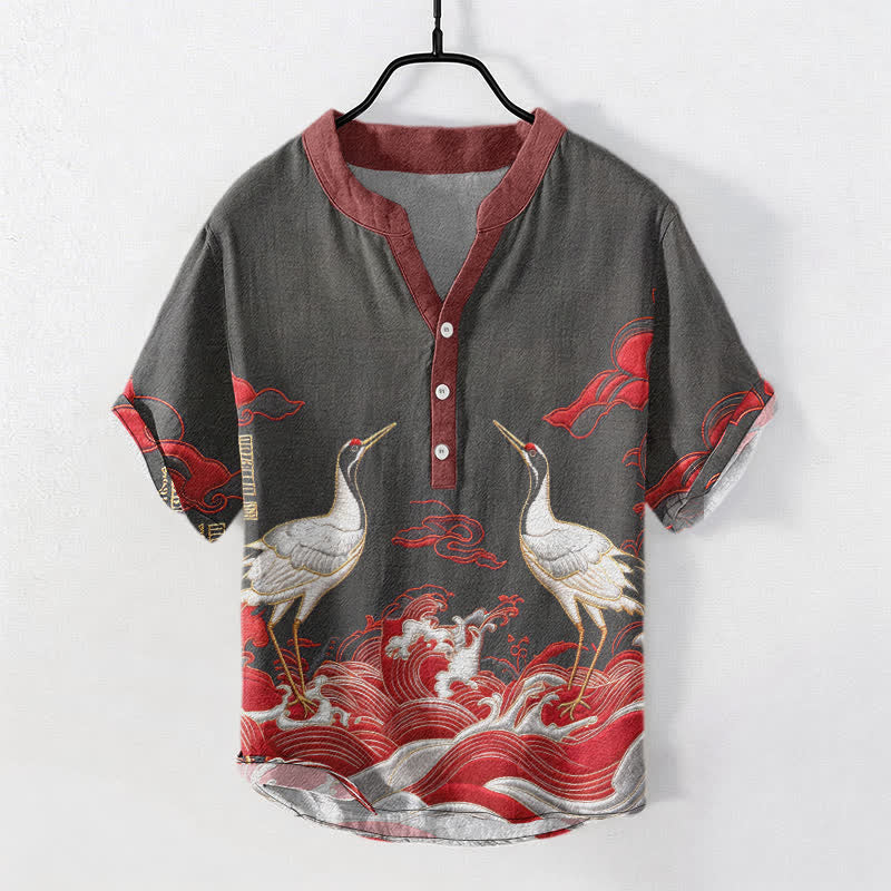Buddha Stones Chemise à manches courtes pour homme avec emblème de grue et de vague en coton et demi-boutonnage - Noir - US/UK/AU50，EU60 (5XL) - image 4