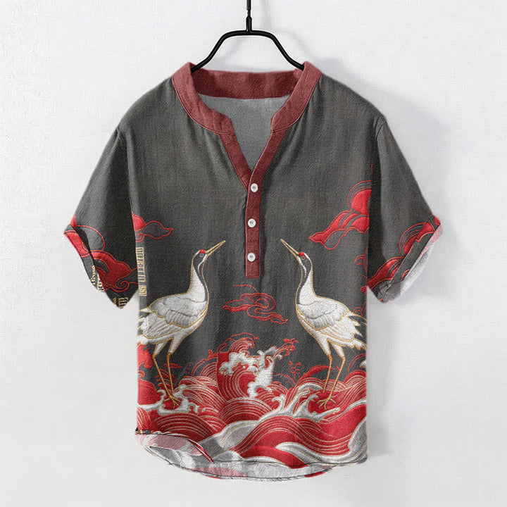 Buddha Stones Chemise à manches courtes pour homme avec emblème de grue et de vague en coton et demi-boutonnage - Noir - US/UK/AU50，EU60 (5XL) - image 4