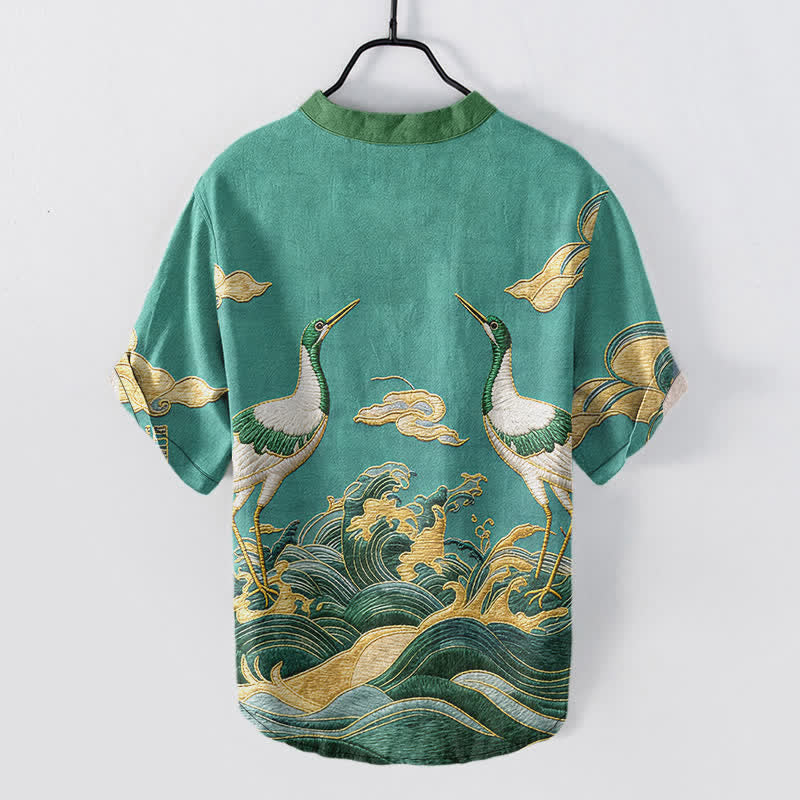 Buddha Stones Chemise à manches courtes pour homme avec emblème de grue et de vague en coton et demi-boutonnage - image 7