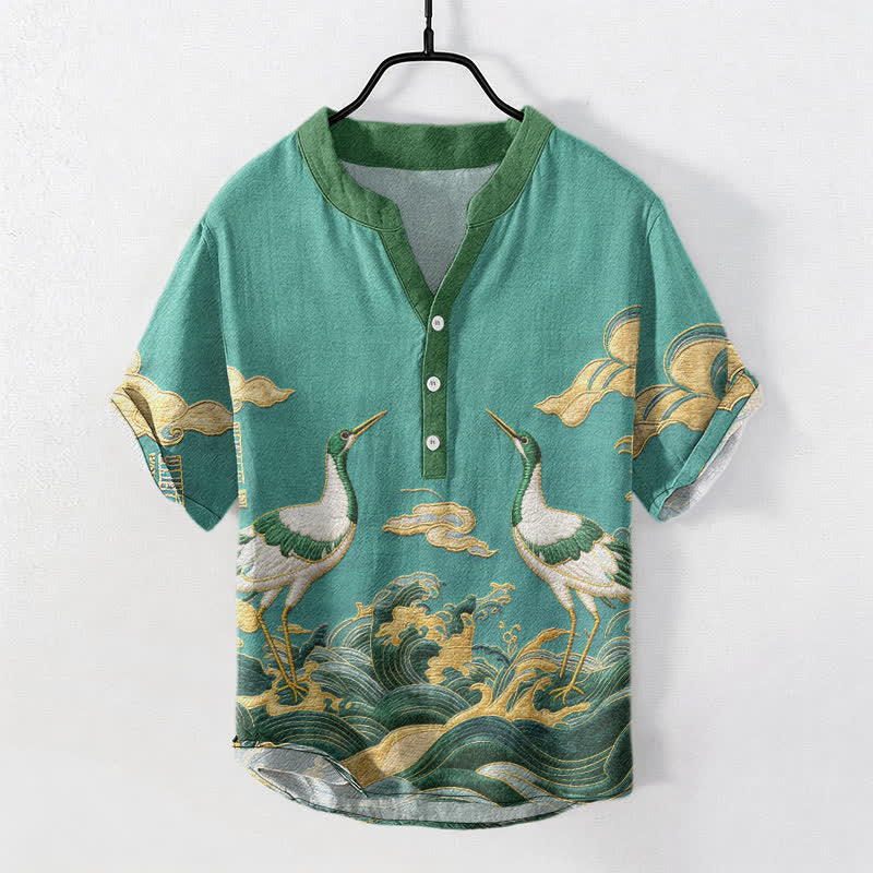 Buddha Stones Chemise à manches courtes pour homme avec emblème de grue et de vague en coton et demi-boutonnage - Turquoise moyen - US/UK/AU50，EU60 (5XL) - image 6