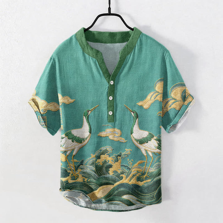 Buddha Stones Chemise à manches courtes pour homme avec emblème de grue et de vague en coton et demi-boutonnage - Turquoise moyen - US/UK/AU50，EU60 (5XL) - image 6