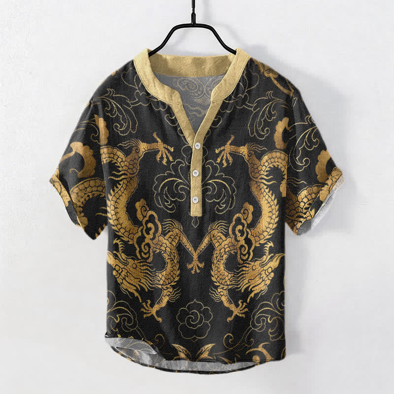 Buddha Stones Chemise à manches courtes pour homme avec emblème de nuage de dragon en coton et demi-boutonnage - Or - US/UK/AU50，EU60 (5XL) - image 0