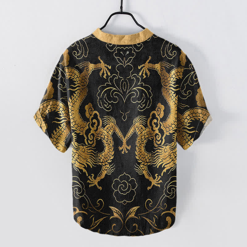 Buddha Stones Chemise à manches courtes pour homme avec emblème de nuage de dragon en coton et demi-boutonnage - image 1