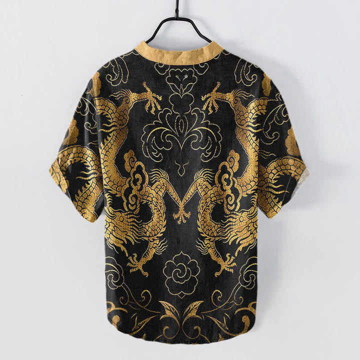 Buddha Stones Chemise à manches courtes pour homme avec emblème de nuage de dragon en coton et demi-boutonnage - image 1
