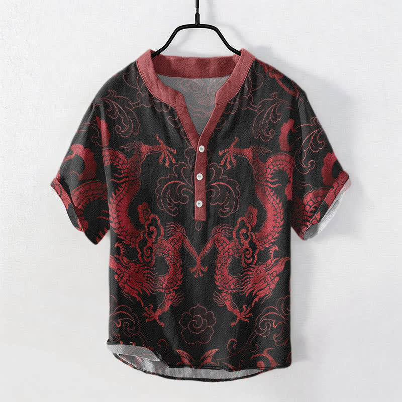 Buddha Stones Chemise à manches courtes pour homme avec emblème de nuage de dragon en coton et demi-boutonnage - FireBrick - US/UK/AU50，EU60 (5XL) - image 5
