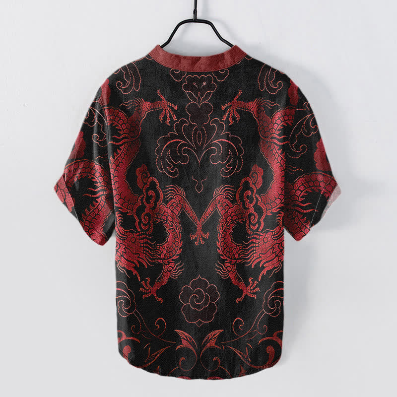 Buddha Stones Chemise à manches courtes pour homme avec emblème de nuage de dragon en coton et demi-boutonnage - image 6