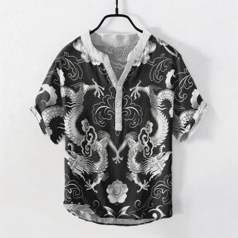 Buddha Stones Chemise à manches courtes pour homme avec emblème de nuage de dragon en coton et demi-boutonnage - Gris foncé - US/UK/AU50，EU60 (5XL) - image 7
