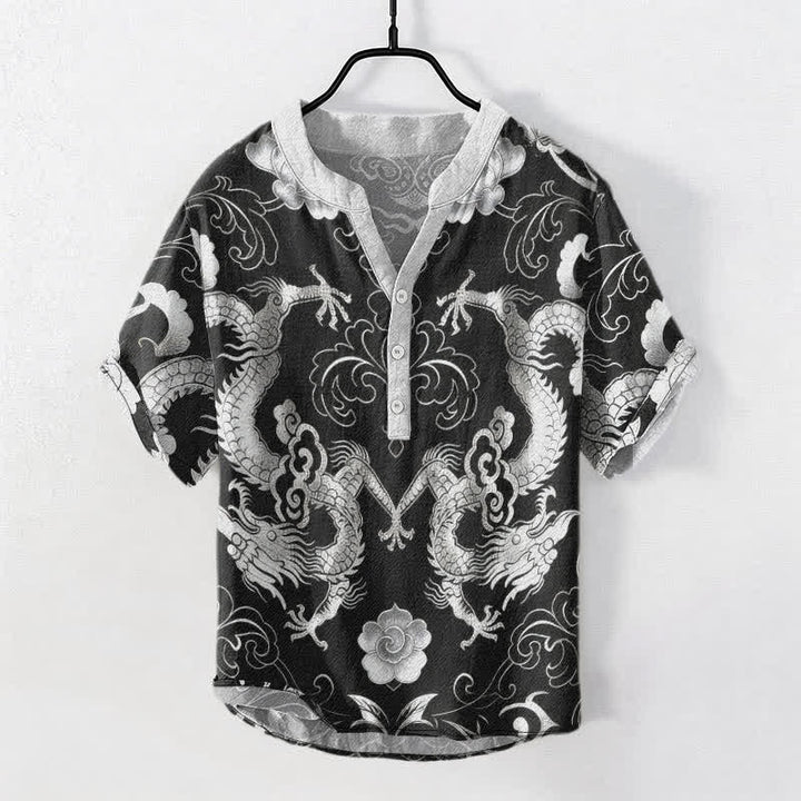 Buddha Stones Chemise à manches courtes pour homme avec emblème de nuage de dragon en coton et demi-boutonnage - Gris foncé - US/UK/AU50，EU60 (5XL) - image 7