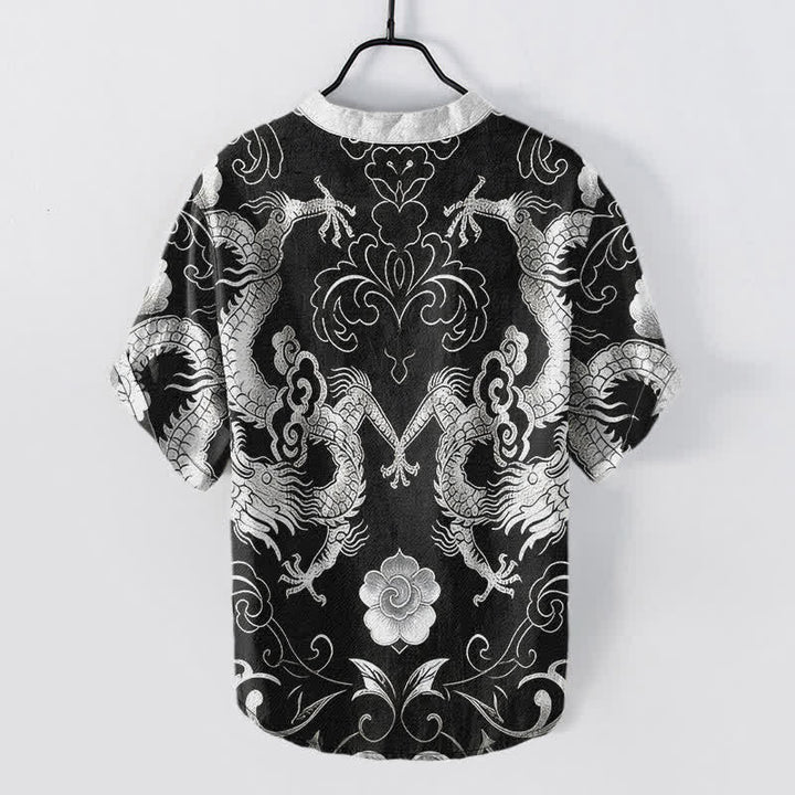 Buddha Stones Chemise à manches courtes pour homme avec emblème de nuage de dragon en coton et demi-boutonnage - image 8