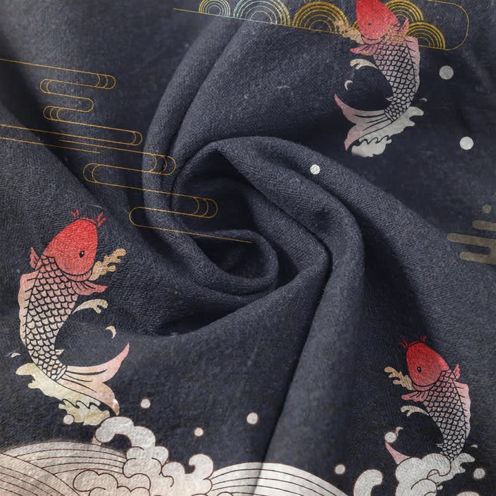 Buddha Stones Chemise à manches courtes pour homme en coton avec motif de carpe koï, soleil et nuage rouges - image 2