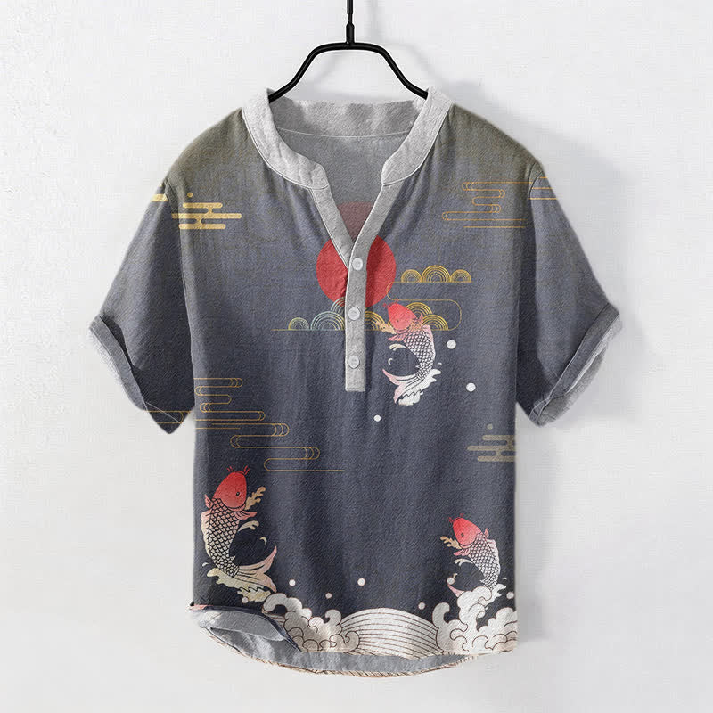 Buddha Stones Chemise à manches courtes pour homme en coton avec motif de carpe koï, soleil et nuage rouges - Gris sombre - US/UK/AU50，EU60 (5XL) - image 0