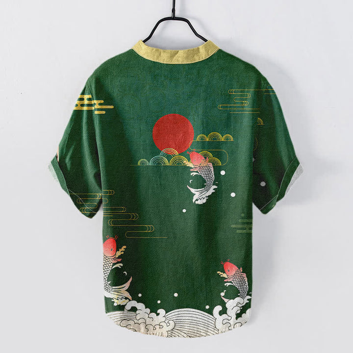 Buddha Stones Chemise à manches courtes pour homme en coton avec motif de carpe koï, soleil et nuage rouges - image 4