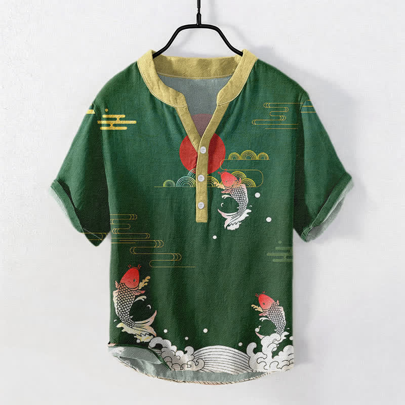 Buddha Stones Chemise à manches courtes pour homme en coton avec motif de carpe koï, soleil et nuage rouges - Vert foncé - US/UK/AU50，EU60 (5XL) - image 3