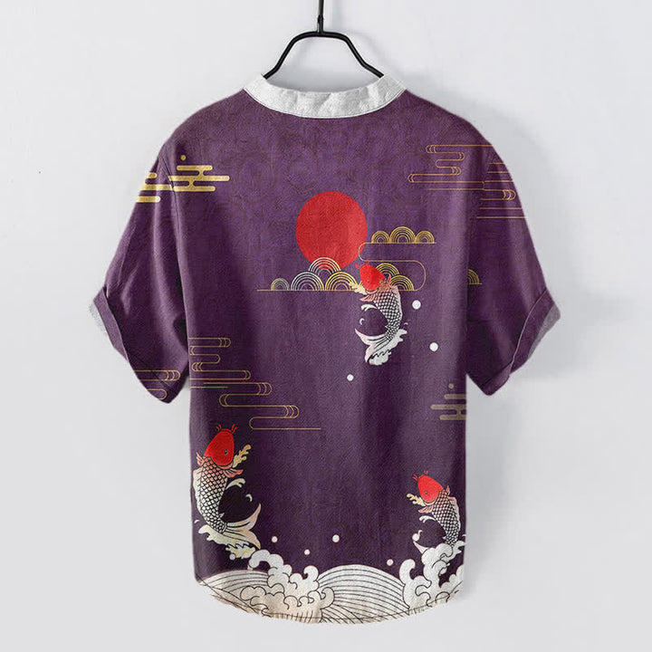 Buddha Stones Chemise à manches courtes pour homme en coton avec motif de carpe koï, soleil et nuage rouges - image 6