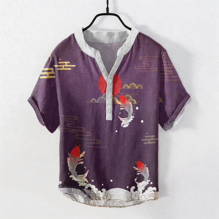 Buddha Stones Chemise à manches courtes pour homme en coton avec motif de carpe koï, soleil et nuage rouges - DarkOrchid - US/UK/AU50，EU60 (5XL) - image 5