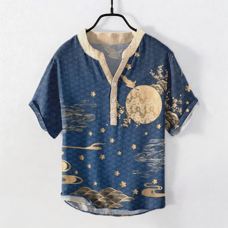 Buddha Stones Chemise à manches courtes pour homme, motif grue et pleine lune, fleur de prunier en coton - SteelBlue - US/UK/AU50，EU60 (5XL) - image 0