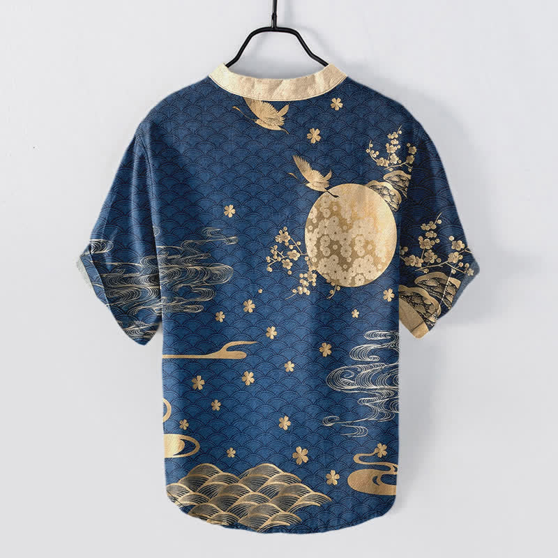 Buddha Stones Chemise à manches courtes pour homme, motif grue et pleine lune, fleur de prunier en coton - image 1