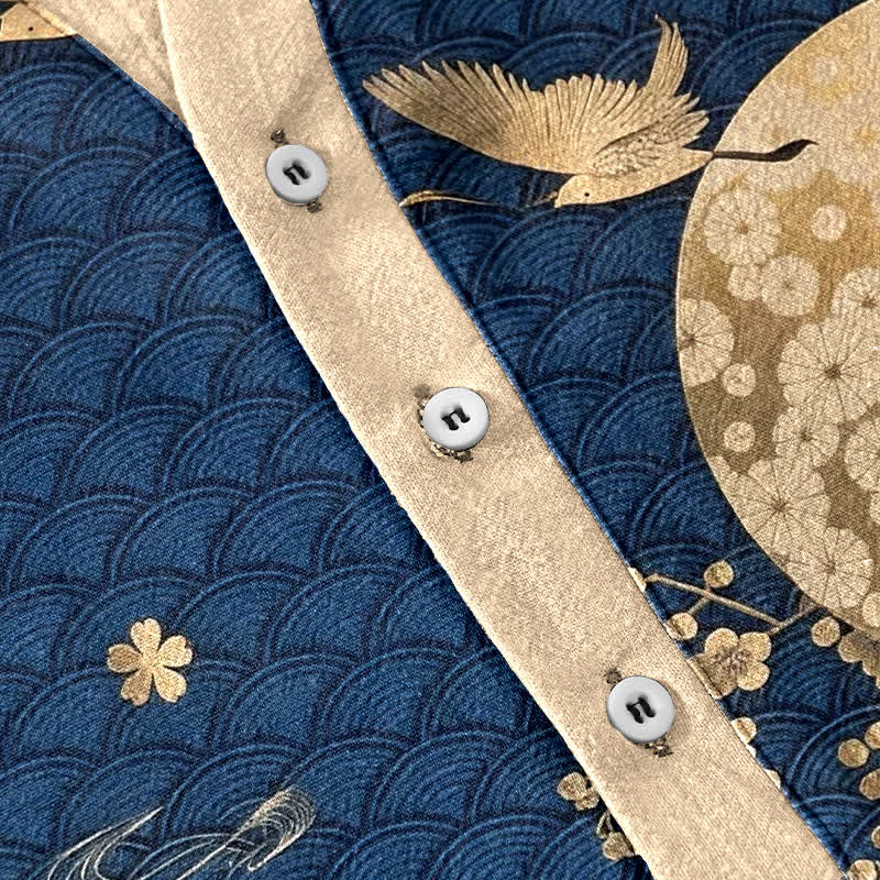 Buddha Stones Chemise à manches courtes pour homme, motif grue et pleine lune, fleur de prunier en coton - image 3