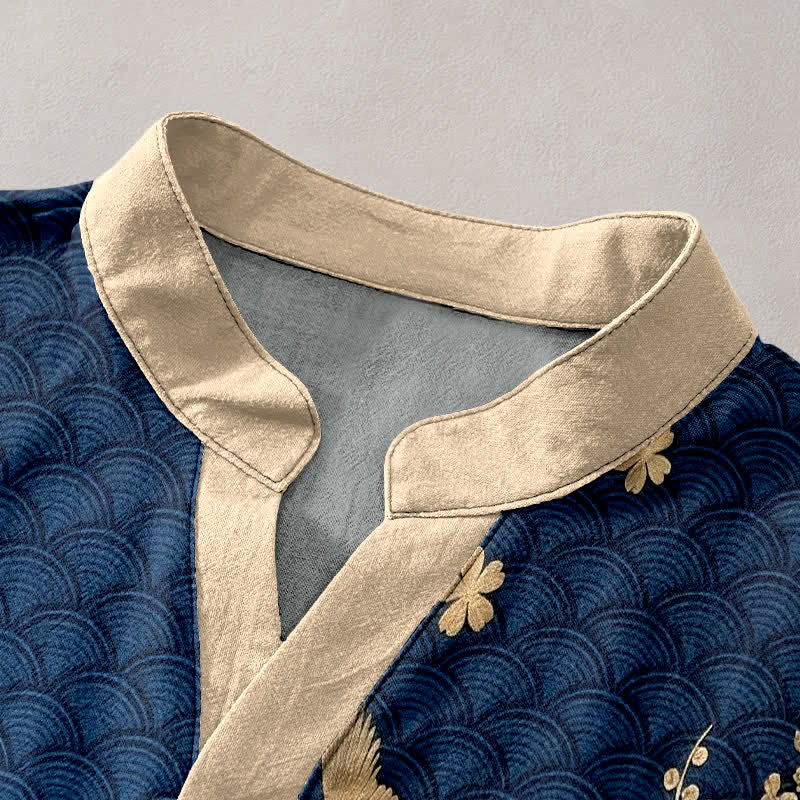Buddha Stones Chemise à manches courtes pour homme, motif grue et pleine lune, fleur de prunier en coton - image 2